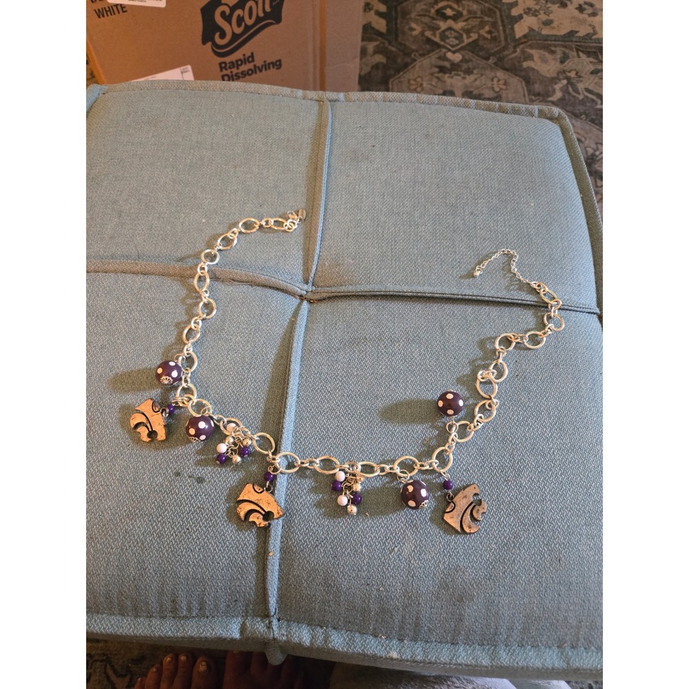 Seasons WSU Cougars Necklace Silver Tone Purple Polka Dot Beads Logo Charms